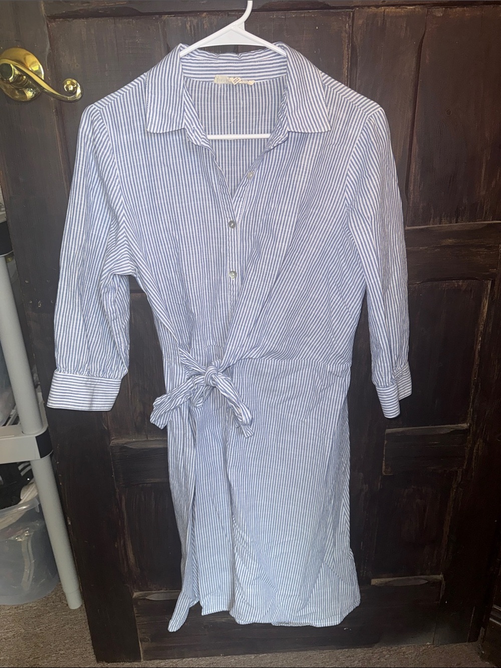 Striped Blue and White Tie-Waist Midi Shirt Dress